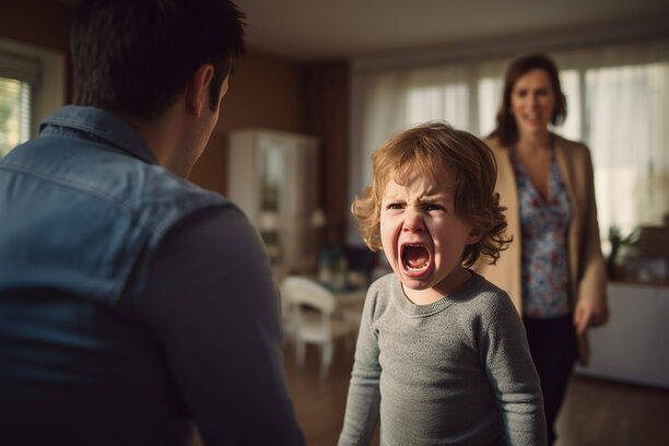 Angry screaming child with desperate parents.Stressed exhausted mother and father feeling desperate about screaming stubborn kid tantrum, upset annoyed parents tired of naughty difficult child girl misbehave yelling for attention